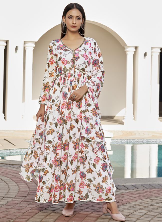 Georgette White  Festival Wear Flower Printed Readymade Kurti Set